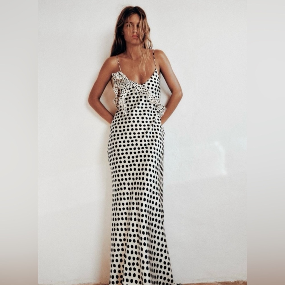 ZARA RUFFLED POLKA DOT SATIN EFFECT DRESS BLACK & WHITE XS NWT